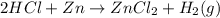 2HCl + Zn \rightarrow ZnCl_{2} + H_{2}(g)