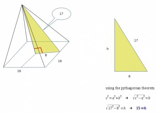 What is the volume of a pyramid with slant height 17 feet and square base with edges of 16 feet?