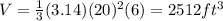 V=\frac{1}{3}(3.14)(20)^2(6)=2512 ft^3