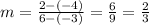 m = \frac{2-(-4)}{6-(-3)}=\frac{6}{9} = \frac{2}{3}