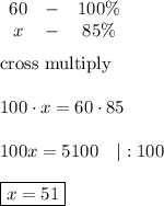 \begin{array}{ccc}60&-&100\%\\x&-&85\%\end{array}\\\\\text{cross multiply}\\\\100\cdot x=60\cdot85\\\\100x=5100\ \ \ |:100\\\\\boxed{x=51}