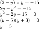(2 - y) \times y =  - 15 \\ 2y -  {y}^{2}  =  - 15 \\  {y}^{2} - 2y - 15 = 0 \\ (y - 5)(y + 3) = 0 \\ y = 5