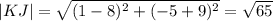 |KJ|=\sqrt{(1-8)^2+(-5+9)^2}=\sqrt{65}