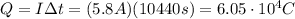 Q=I \Delta t=(5.8 A)(10440 s)=6.05 \cdot 10^4 C
