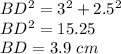BD^{2} =3^{2} +2.5^{2}\\ BD^{2} =15.25\\ BD=3.9\ cm