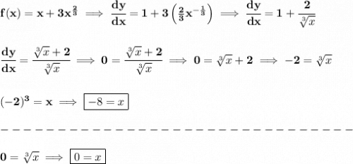 \bf f(x)=x+3x^{\frac{2}{3}}\implies \cfrac{dy}{dx}=1+3\left(\frac{2}{3}x^{-\frac{1}{3}}  \right)\implies \cfrac{dy}{dx}=1+\cfrac{2}{\sqrt[3]{x}}&#10;\\\\\\&#10;\cfrac{dy}{dx}=\cfrac{\sqrt[3]{x}+2}{\sqrt[3]{x}}\implies 0=\cfrac{\sqrt[3]{x}+2}{\sqrt[3]{x}}\implies 0=\sqrt[3]{x}+2\implies -2=\sqrt[3]{x}&#10;\\\\\\&#10;(-2)^3=x\implies \boxed{-8=x}\\\\&#10;-------------------------------\\\\&#10;0=\sqrt[3]{x}\implies \boxed{0=x}
