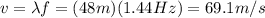v=\lambda f = (48 m)(1.44 Hz)=69.1 m/s