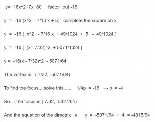 The equation of a parabola is given. y=−16x2+7x−80 what is the equation of the directrix of the para