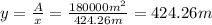 y= \frac{A}{x}= \frac{180000 m^2}{424.26 m}  =424.26 m