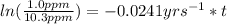 ln (\frac{1.0 ppm}{10.3 ppm} ) = - 0.0241 yrs^-^1 * t