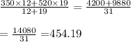 \frac{350\times12+520\times19}{12+19} = \frac{4200+9880}{31}  \\  \\ = \frac{14080}{31} =$454.19