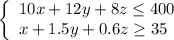 \left\{\begin{array}{l}10x+12y+8z\le 400\\x+1.5y+0.6z\ge 35\end{array}\right.