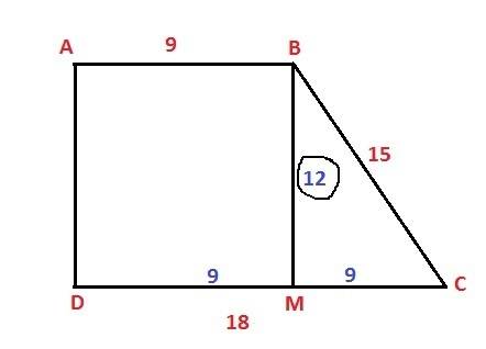 The lengths of the bases of the right trapezoid are 9 cm and 18 cm. the length of a longer leg is 15