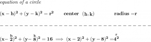 \bf \textit{equation of a circle}\\\\ &#10;(x- h)^2+(y- k)^2= r^2&#10;\qquad &#10;center~~(\stackrel{}{ h},\stackrel{}{ k})\qquad \qquad &#10;radius=\stackrel{}{ r}\\\\&#10;-------------------------------\\\\&#10;(x-\stackrel{h}{2})^2+(y-\stackrel{k}{8})^2=16\implies (x-2)^2+(y-8)^2=\stackrel{r}{4^2}