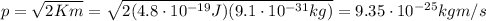 p= \sqrt{2Km}= \sqrt{2 (4.8 \cdot 10^{-19}J)(9.1 \cdot 10^{-31} kg)}=9.35 \cdot 10^{-25} kg m/s