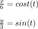 \frac{x}{6}=cost(t) \\ \\ \frac{y}{3} =sin(t)