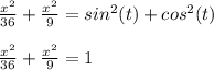 \frac{ x^{2} }{36}+ \frac{ x^{2} }{9}=sin^{2}(t)+cos^{2}(t)   \\  \\ &#10; \frac{ x^{2} }{36}+ \frac{ x^{2} }{9}=1