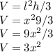 V=l^{2} h/3\\V=x^{2} 9/3\\V=9x^{2} /3\\V=3x^{2}