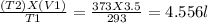 \frac{(T2)X(V1)}{T1} = \frac{373 X 3.5}{293} = 4.556l