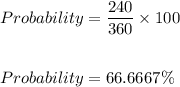 Probability=\dfrac{240}{360}\times 100\\\\\\Probability=66.6667\%