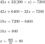 42x+32(200-x)= 7200\\ \\ 42x+6400-32x=7200\\ \\ 10x=7200-6400\\ \\ 10x=800\\ \\ x= \frac{800}{10} = 80