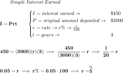 \bf ~~~~~~ \textit{Simple Interest Earned}&#10;\\\\&#10;I = Prt\qquad &#10;\begin{cases}&#10;I=\textit{interest earned}\to &\$450\\&#10;P=\textit{original amount deposited}\to& \$3000\\&#10;r=rate\to r\%\to \frac{r}{100}\\&#10;t=years\to &3&#10;\end{cases}&#10;\\\\\\&#10;450=(3000)(r)(3)\implies \cfrac{450}{(3000)(3)}=r\implies \cfrac{1}{20}=r&#10;\\\\\\&#10;0.05=r\implies r\%=0.05\cdot 100\implies r=\stackrel{\%}{5}