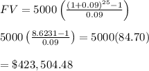 FV=5000\left( \frac{(1+0.09)^{25}-1}{0.09} \right) \\  \\ 5000\left( \frac{8.6231-1}{0.09} \right)=5000(84.70) \\  \\ =\$423,504.48