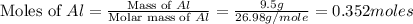 \text{Moles of }Al=\frac{\text{Mass of }Al}{\text{Molar mass of }Al}=\frac{9.5g}{26.98g/mole}=0.352moles