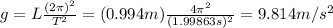 g=L \frac{(2 \pi)^2}{T^2}=(0.994 m)  \frac{4 \pi^2}{(1.99863 s)^2}=9.814 m/s^2