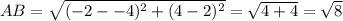 AB=\sqrt{(-2--4)^{2}+(4-2)^{2}}=\sqrt{4+4}=\sqrt{8}
