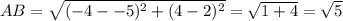 AB=\sqrt{(-4--5)^{2}+(4-2)^{2}}=\sqrt{1+4}=\sqrt{5}