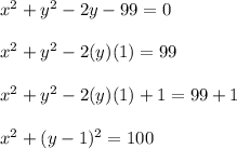 x^{2} + y^{2} -2y-99=0 \\  \\ &#10; x^{2} + y^{2}-2(y)(1)=99 \\  \\ &#10; x^{2} + y^{2}-2(y)(1)+1=99+1 \\  \\ &#10; x^{2} + (y-1)^{2}=100