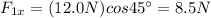 F_{1x} = (12.0 N)cos 45^{\circ}=8.5 N