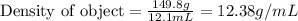 \text{Density of object}=\frac{149.8g}{12.1mL}=12.38g/mL