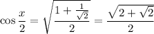 \cos\dfrac x2=\sqrt{\dfrac{1+\frac1{\sqrt2}}2}=\dfrac{\sqrt{2+\sqrt2}}2