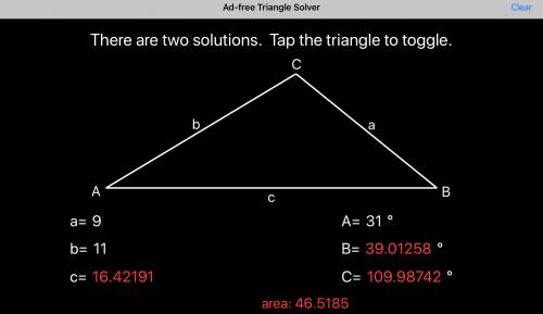Given a triangle with a = 9, b = 11, a = 31°, what is (are) the possible length(s) of c?  round your