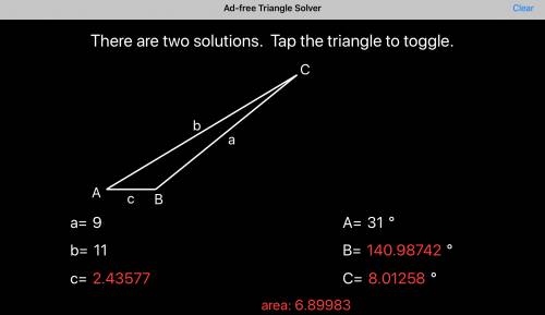 Given a triangle with a = 9, b = 11, a = 31°, what is (are) the possible length(s) of c?  round your