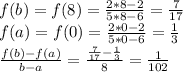 f(b) = f(8) =  \frac{2*8-2}{5*8-6} =  \frac{7}{17} \\ f(a) = f(0) =  \frac{2*0-2}{5*0-6} =  \frac{1}{3} \\  \frac{f(b)  - f(a)}{b-a} =  \frac{ \frac{7}{17} -  \frac{1}{3}}{8} =  \frac{1}{102}