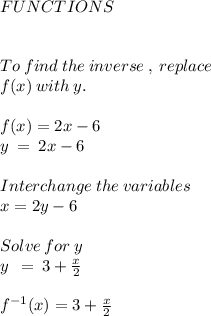 FUNCTIONS \\ \\ \\ To \: find \: the \: inverse \: , \: replace \: \\ f(x) \: with \: y . \\ \\ \: f(x) = 2x - 6 \\ \: \: \: \: \: \: \: \: \: y \: = \: 2x - 6 \\ \\ \: \: Interchange \: the \: variables \\ \: \: \: \: \: \: \: \: \: x = 2y - 6 \\ \\ \: \: \: \: \: \: \: \: \: Solve \: for \: y \: \\ \: \: \: \: \: \: \: \: y \: \: = \: 3 + \frac{x}{2} \\ \\ {f}^{ - 1} (x) = 3 + \frac{x}{2 }