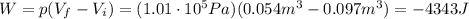 W=p(V_f -V_i)=(1.01 \cdot 10^5 Pa)(0.054 m^3-0.097 m^3)=-4343 J
