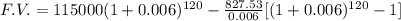 F.V.=115000(1+0.006)^{120}-\frac{827.53}{0.006}[(1+0.006)^{120}-1]