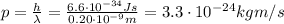 p= \frac{h}{\lambda}= \frac{6.6 \cdot 10^{-34} Js}{0.20 \cdot 10^{-9} m}=3.3 \cdot 10^{-24} kg m/s