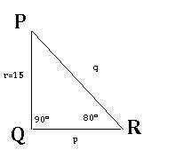 Solve by using the measurements ∠pqr = 90°, ∠qrp = 80°, and r = 15. round measures of sides to the n