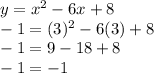 y = x^2 - 6x+8\\-1 =(3)^2-6(3)+8\\-1= 9-18+8\\-1=-1