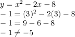 y=x^2-2x-8\\-1 = (3)^2-2(3)-8\\-1=9-6-8\\-1\neq -5