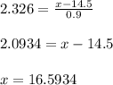 2.326=\frac{x-14.5}{0.9}\\\\ 2.0934=x-14.5\\\\ x=16.5934