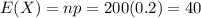 E(X) = np = 200(0.2) = 40