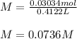 M=\frac{0.03034mol}{0.4122L}\\\\M=0.0736M