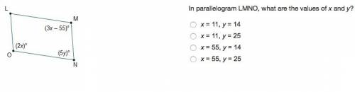 Nparallelogram lmno, what are the values of x and y?
