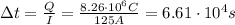 \Delta t=  \frac{Q}{I}= \frac{8.26 \cdot 10^6 C}{125 A} =6.61 \cdot 10^4 s